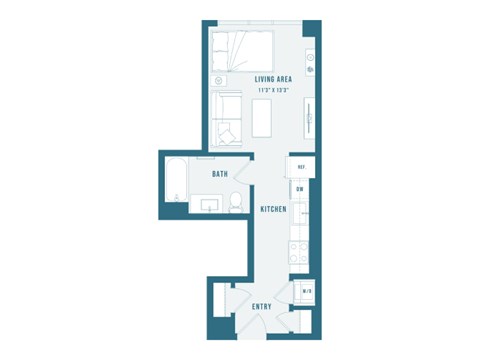 A floor plan of a house with a living area, kitchen, bath, and entry.